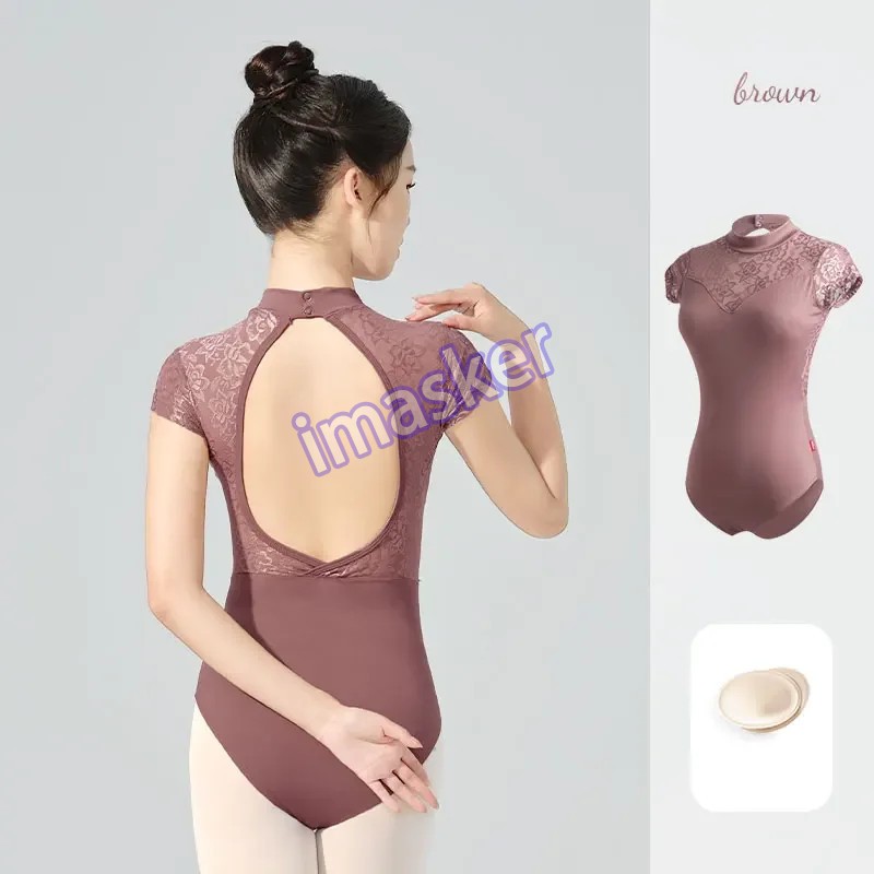 Women Ballet Adult Lace Splice Gymnastic Leotard Short Sleeve Dance Leotards