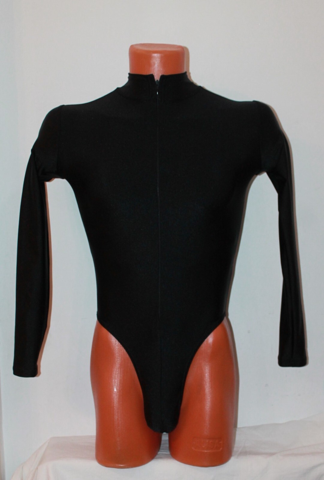 Men Leotard 159-88 High Collar Lohg Sleeves Zipper Front Black Spandex Size M
