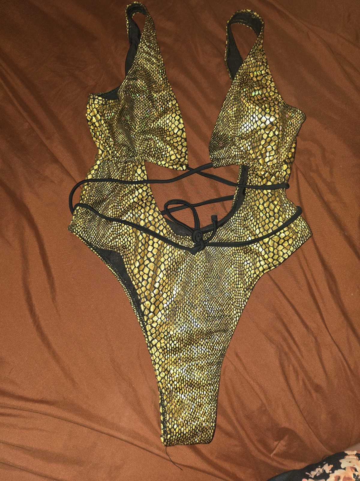 Gold Snakeskin Metallic Adjustable Dancewear Bodysuit | Size L