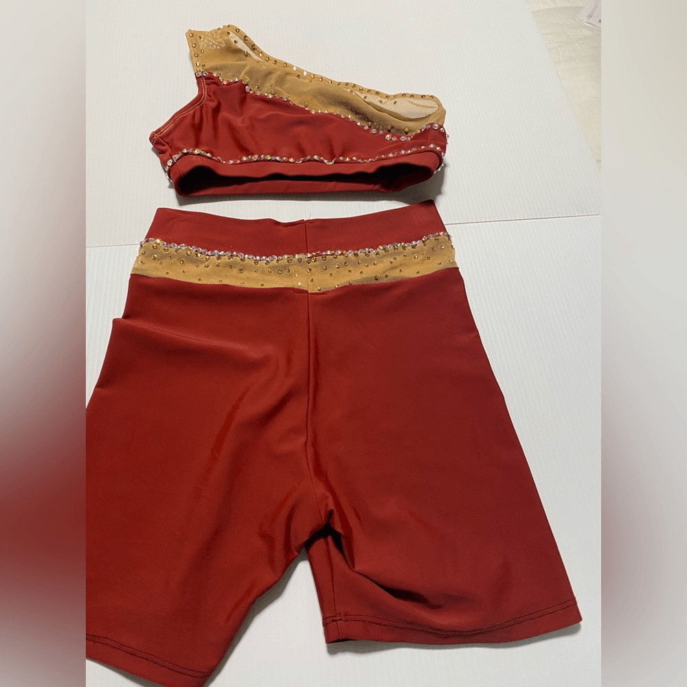 Patrick J designs dance costume solo dark orange red 2 piece top bike shorts XSA