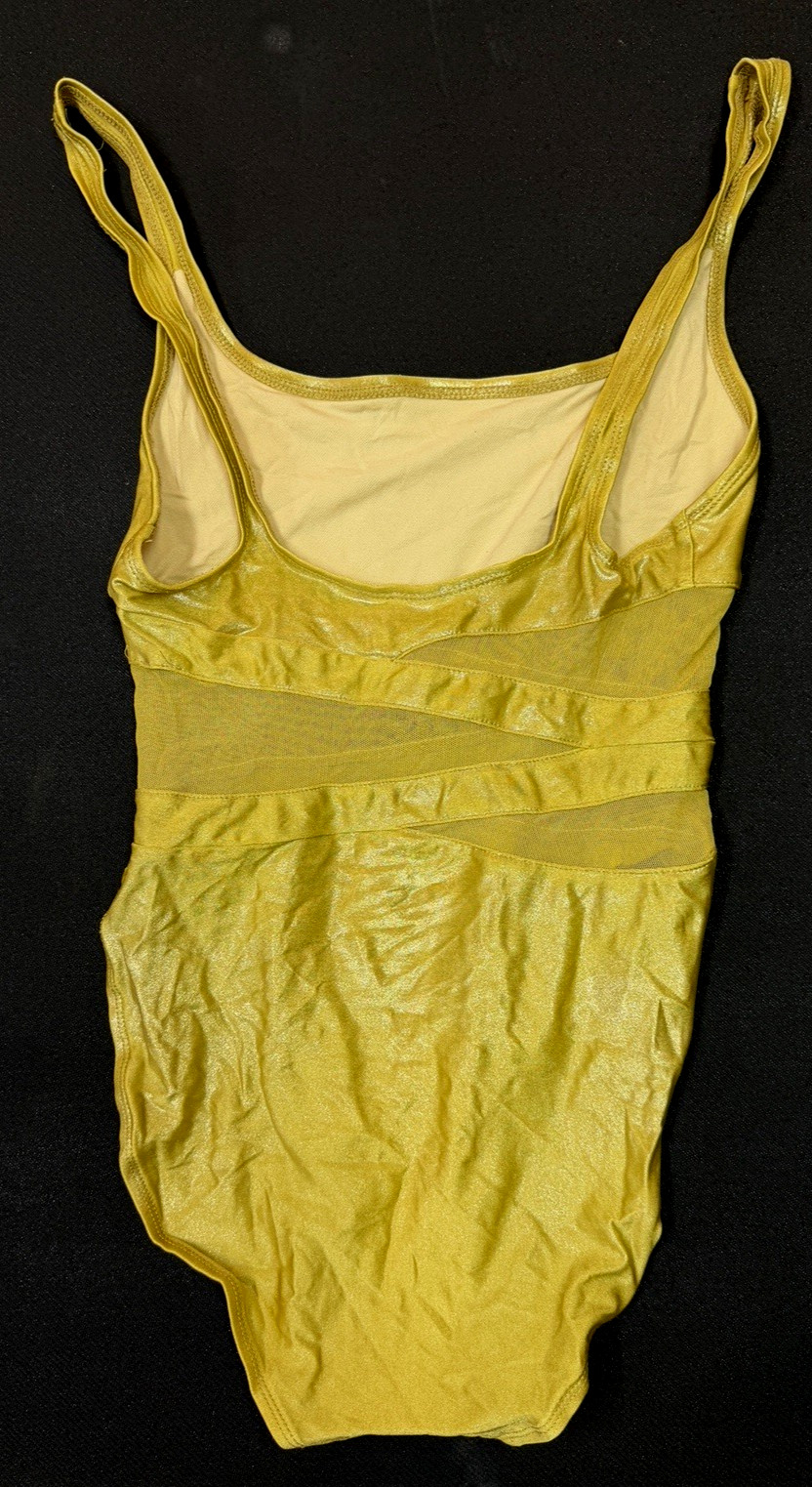 90s ANNE COLE Gold Shiny Aerobics Leotard Swimsuit HiCut Dance Jazzercise 12 GUC