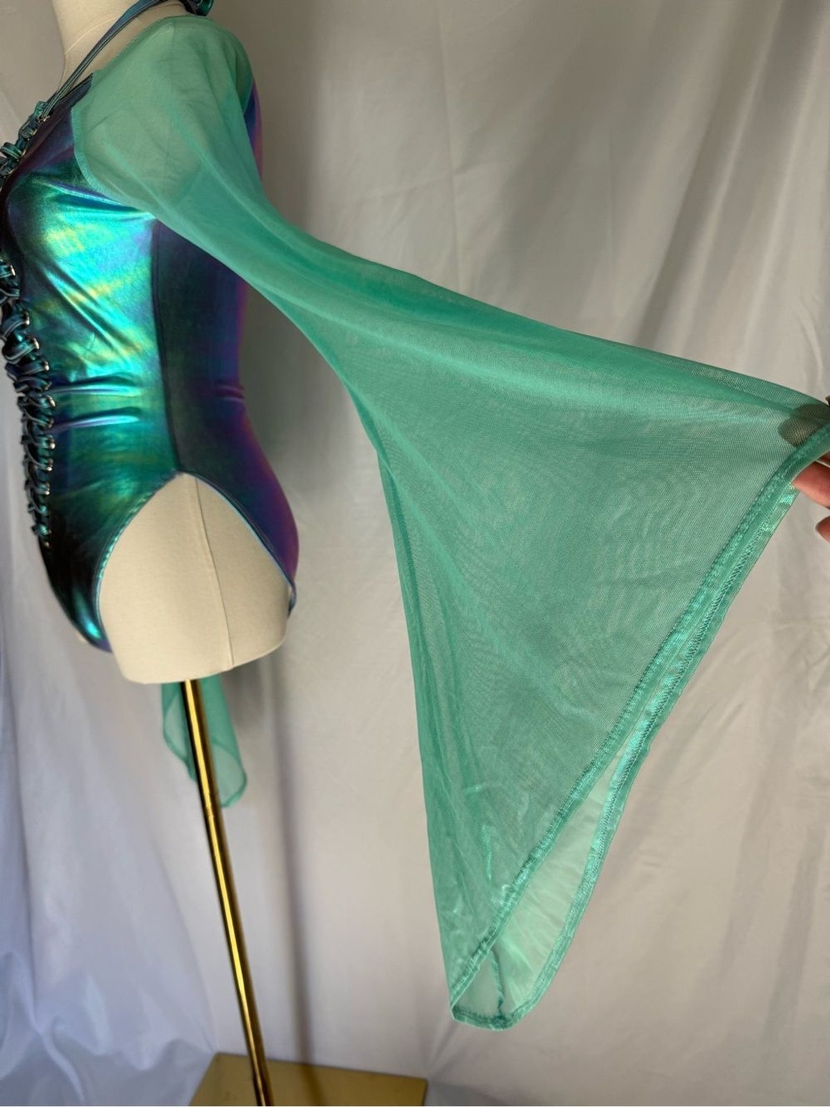 J. Valentine Metallic Iridescent Lace Up Rave Bodysuit Turquoise Green L/XL