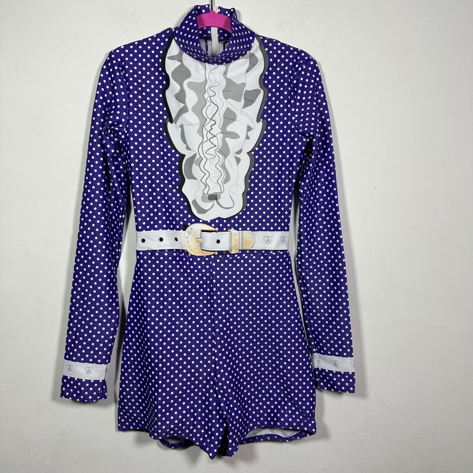 Alexandra collection Purple Polka Dot Western Trompe L’oeil Leotard Adult XS