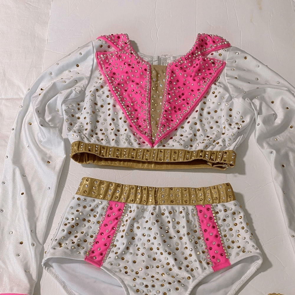 Glamour Solo Dance Costume Elvis 2 Piece White Pink Rhinestoned SA Adult Jazz