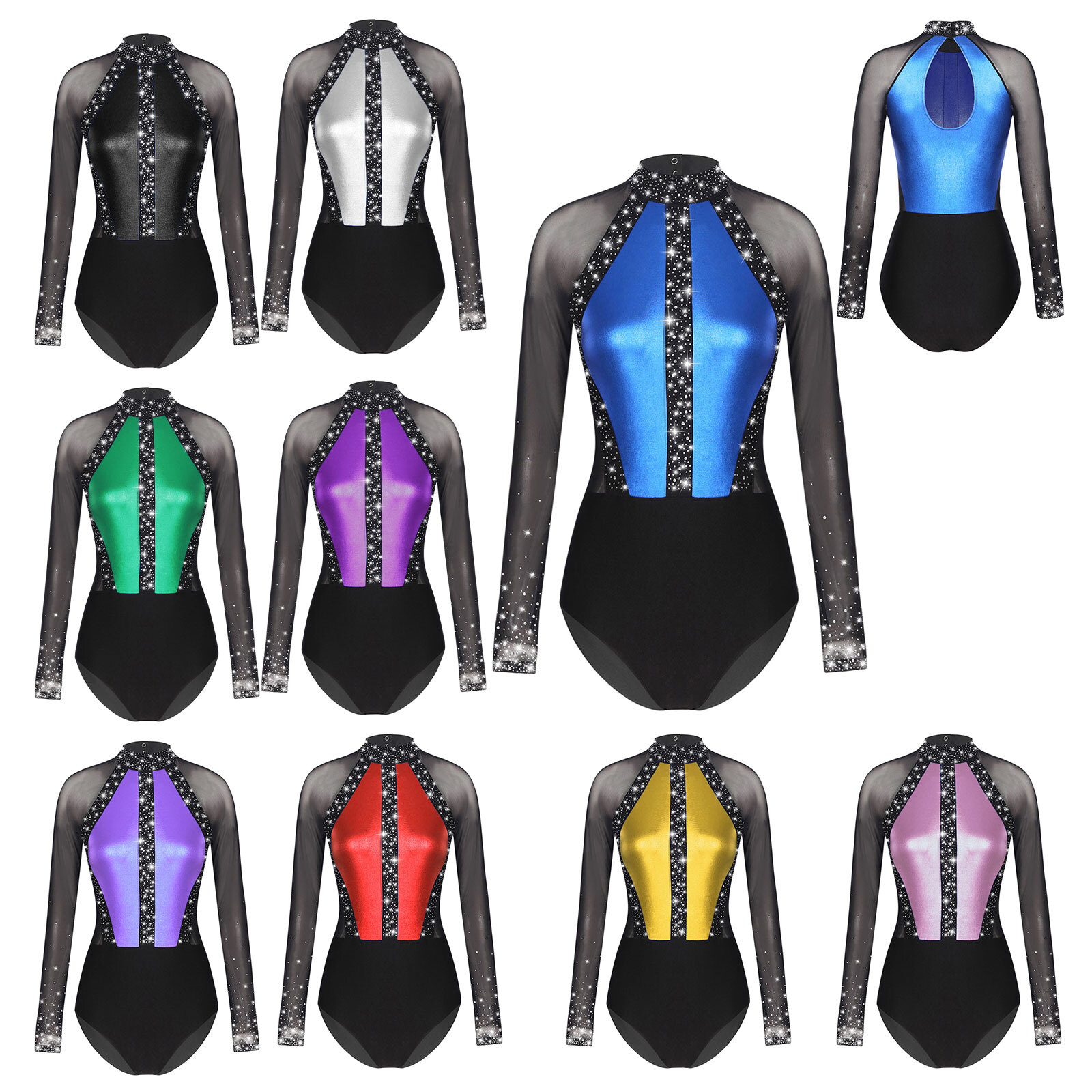 US Womens Leotard Ice Skating Ballet Sparkling Gymnastics Mesh Dancewear Adult