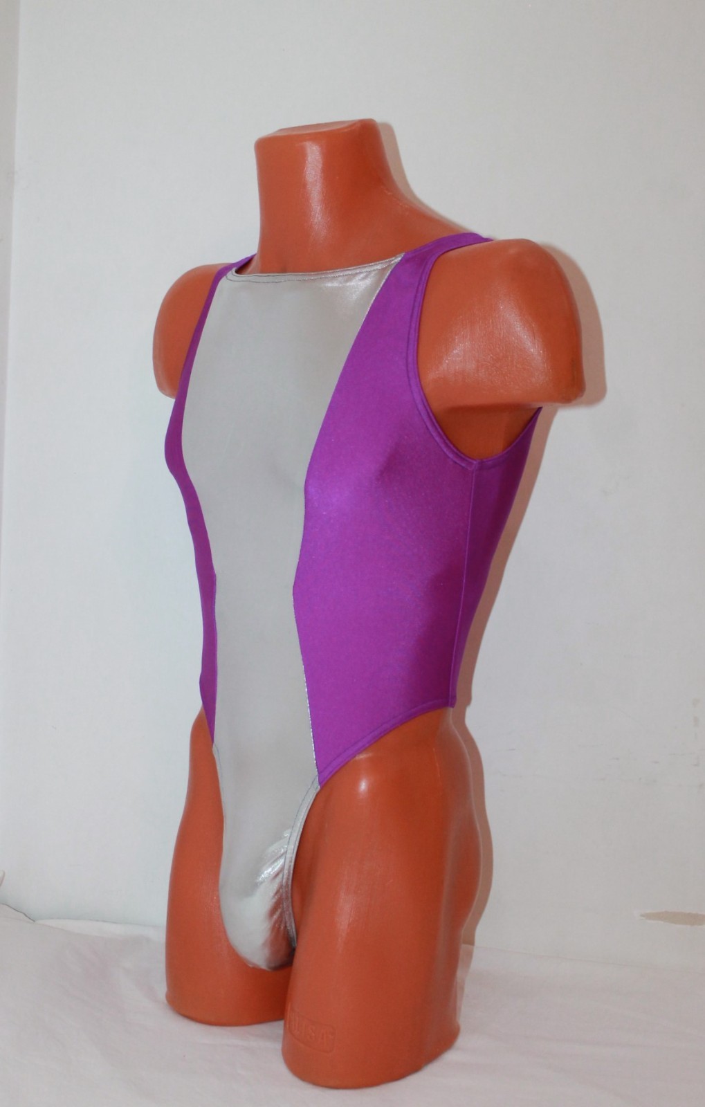 Men Thong Leotard 150-20 Open Back Lilac and Silver Metallic Spandex Size M