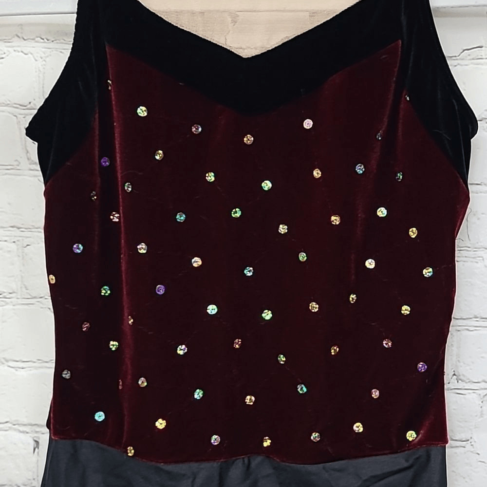 Adult Maroon Velvet Sequin Dance Costume Sleeveless Mesh Keyhole Cutout Leotard