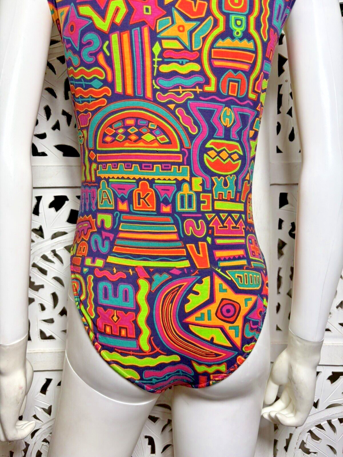 Vintage 80s 90s Anne Klein II Neon Abstract Bodysuit Exercise Gym Leotard Small