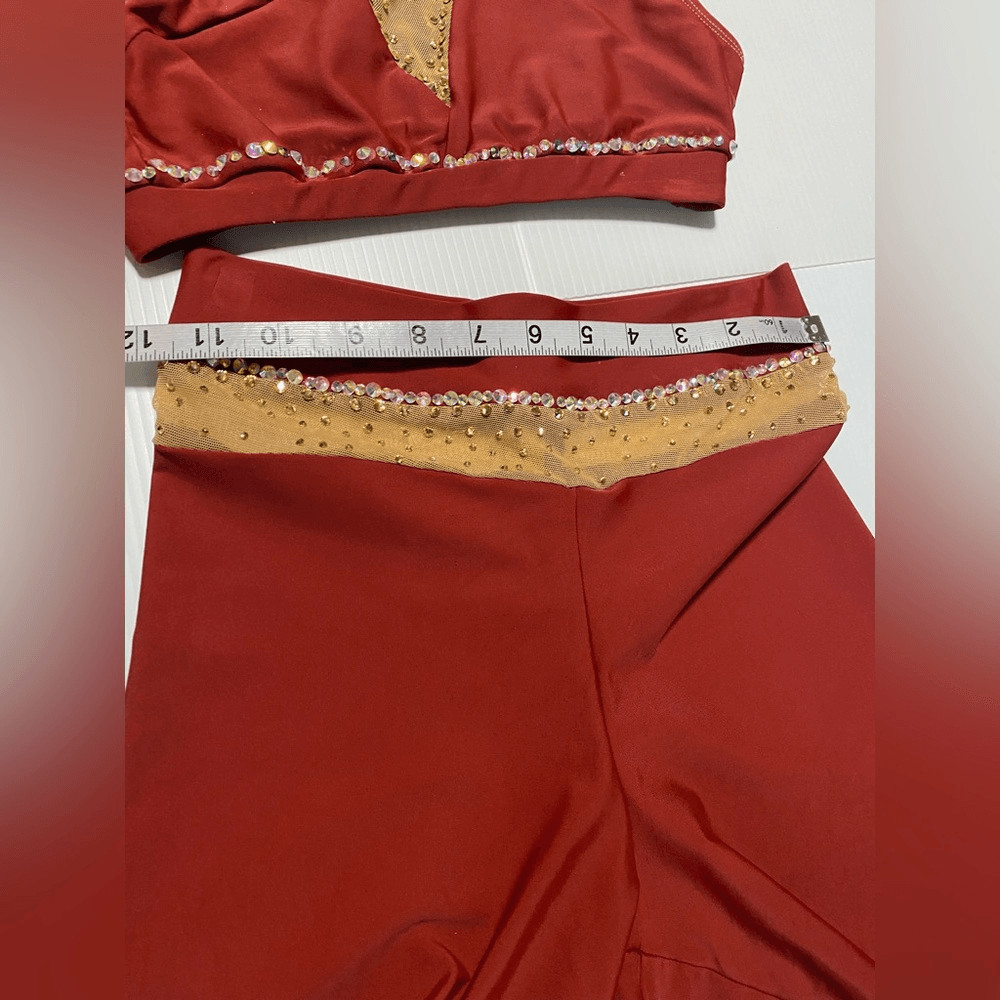 Patrick J designs dance costume solo dark orange red 2 piece top bike shorts XSA