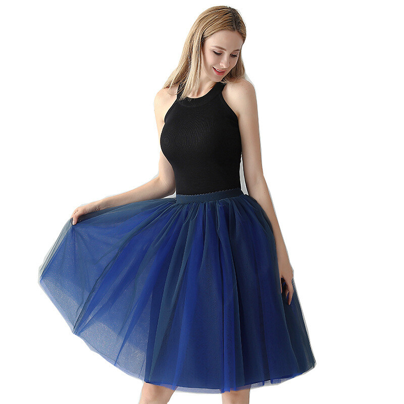 Women Dance Skirt Tutu Pleated Mesh Tulle Midi Knee Length 7 Layers Party