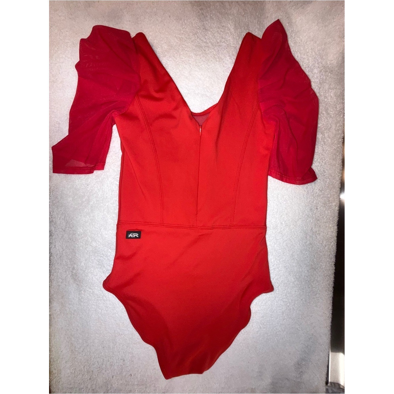 Tiger Friday Girls‘ Red Dance Leotard with Sheer Puff Sleeves Size Adult X-Small
