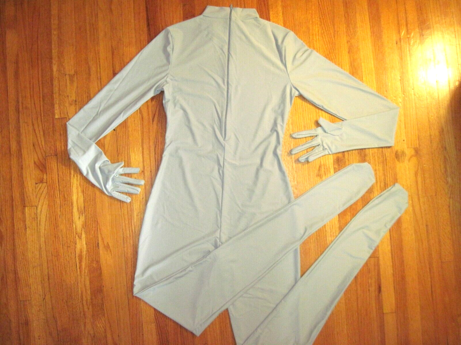 Plus Size Shiny Gray Long Sleeve T Neck Footed Unitard W/Hands Sz 2XL-16-18 New
