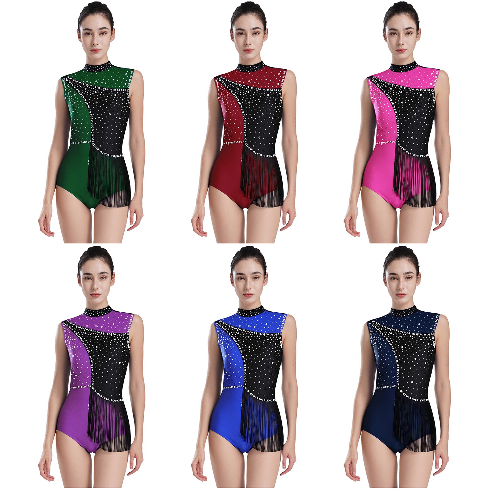 US Womens Figuring Skating Bodysuit Glittery Fringe Bodysuit Competition Costume