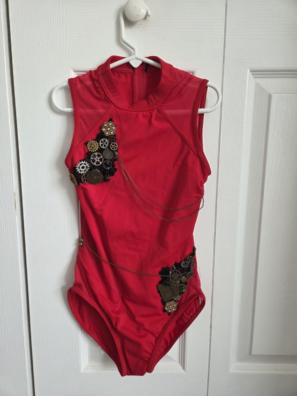 Balera Red Geometric Print Sleeveless Dance Leotard for Girls. With appliques.