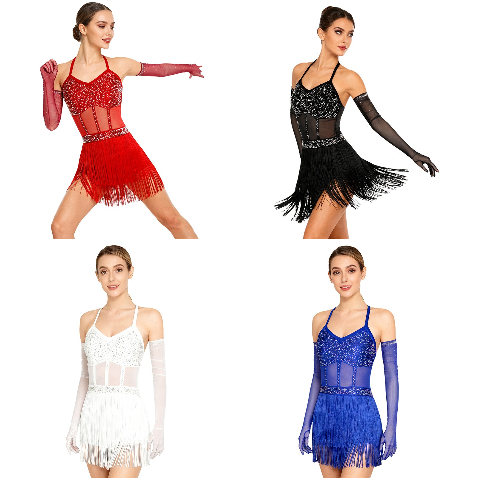 Women’s Rhinestones Tango Tassel Latin Dance Dress Leotard Ballroom Costume