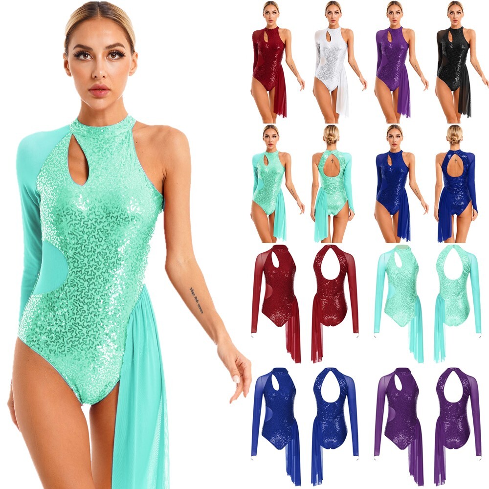 US Womens Unitards Performance Bodysuit Dance Jumpsuit Figure Skating Dress Mesh