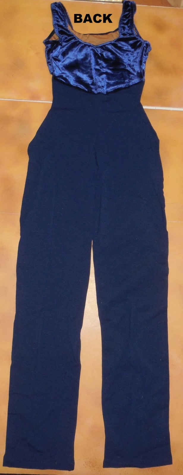 New Dance Jazz Navy Blue Long Unitard Velvet Bodice Cotton Spandex Ladies Ad Sze