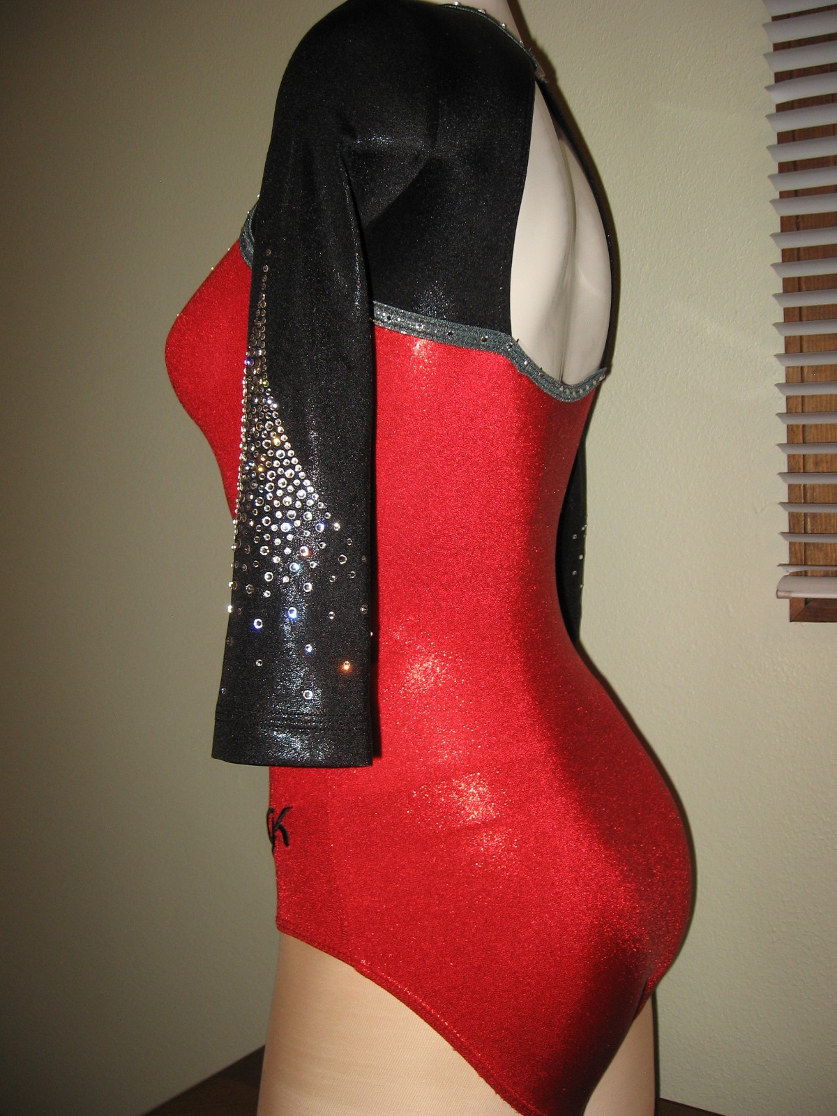 GK Leotard Bodysuit Red Foil ¾ Sleeve Adult X Small 100’s Shiny Crystals Costume
