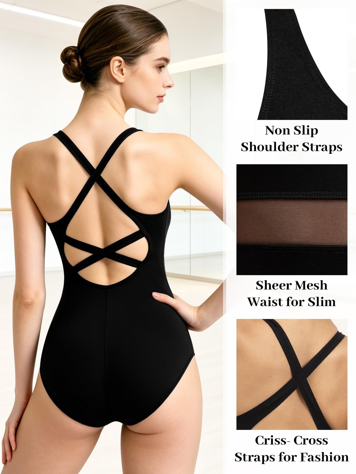 ’s Ballet Dance Leotard Tank Leotards Sleeveless, Mesh Waist, Crisscross Stra…