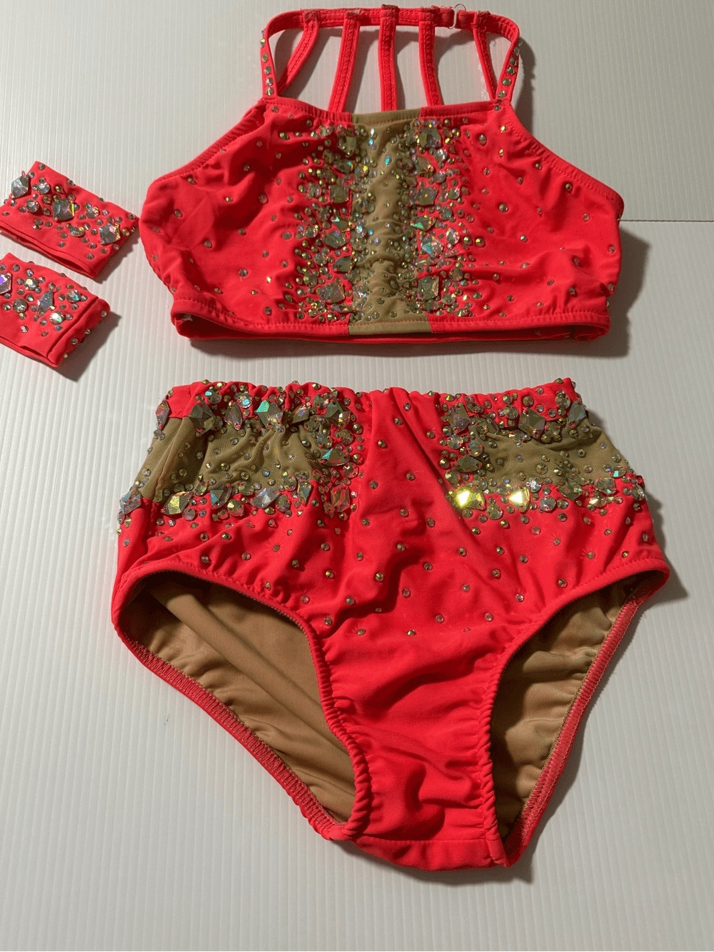 Glamour competition solo dance costume coral 2 piece jazz sassy bling SA adult