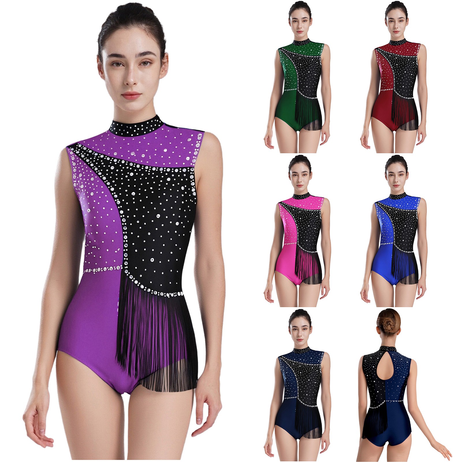 US Womens Figuring Skating Bodysuit Glittery Fringe Bodysuit Competition Costume