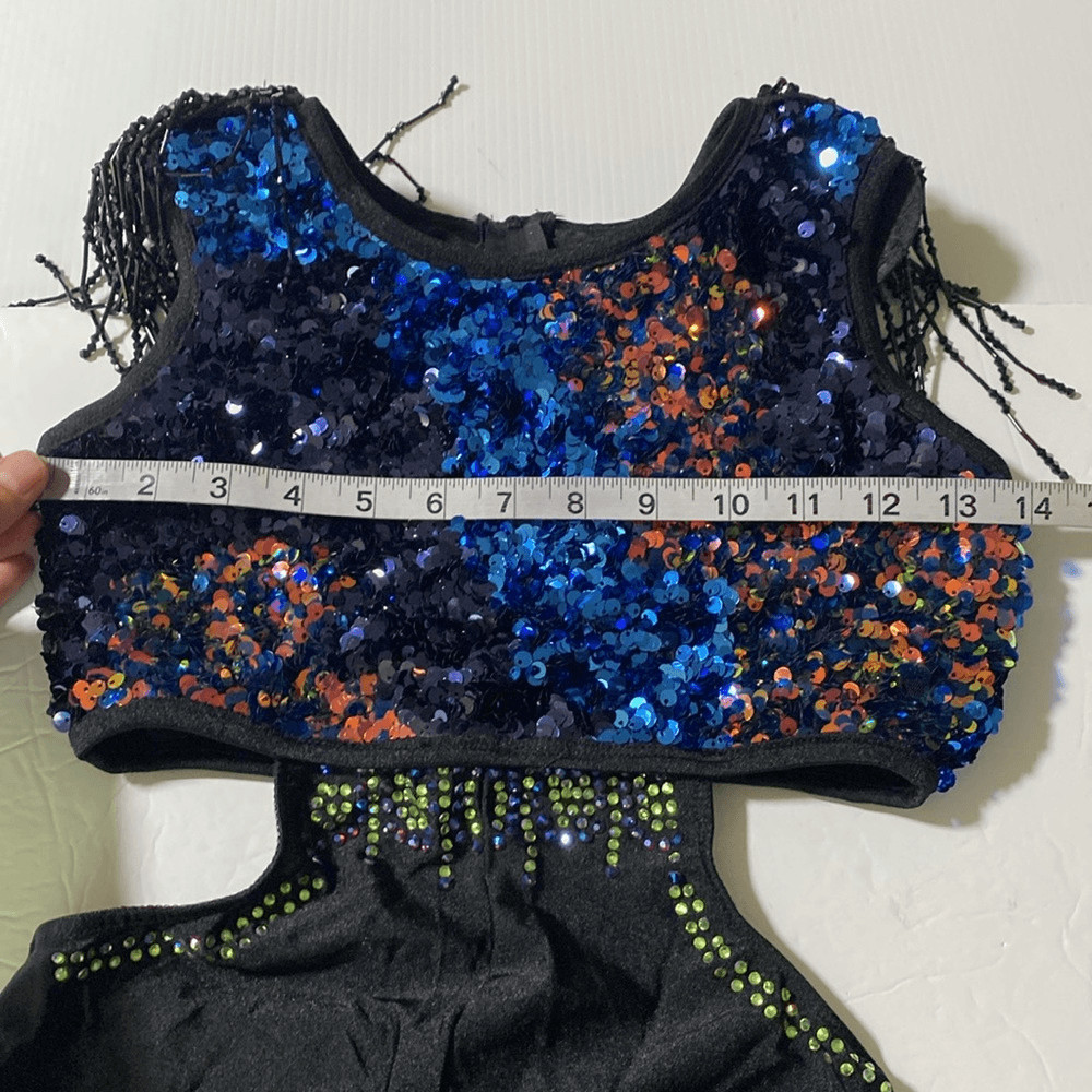Glamour solo dance costume black sequin unitard rhinestone embellished SA adult
