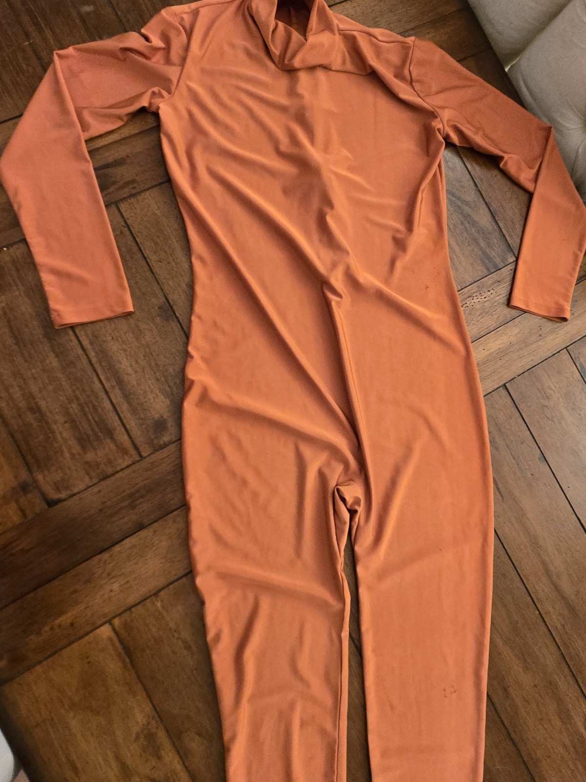 Shiny Coffee Brown Long Sleeve T Neck Footed Unitard Sz XL