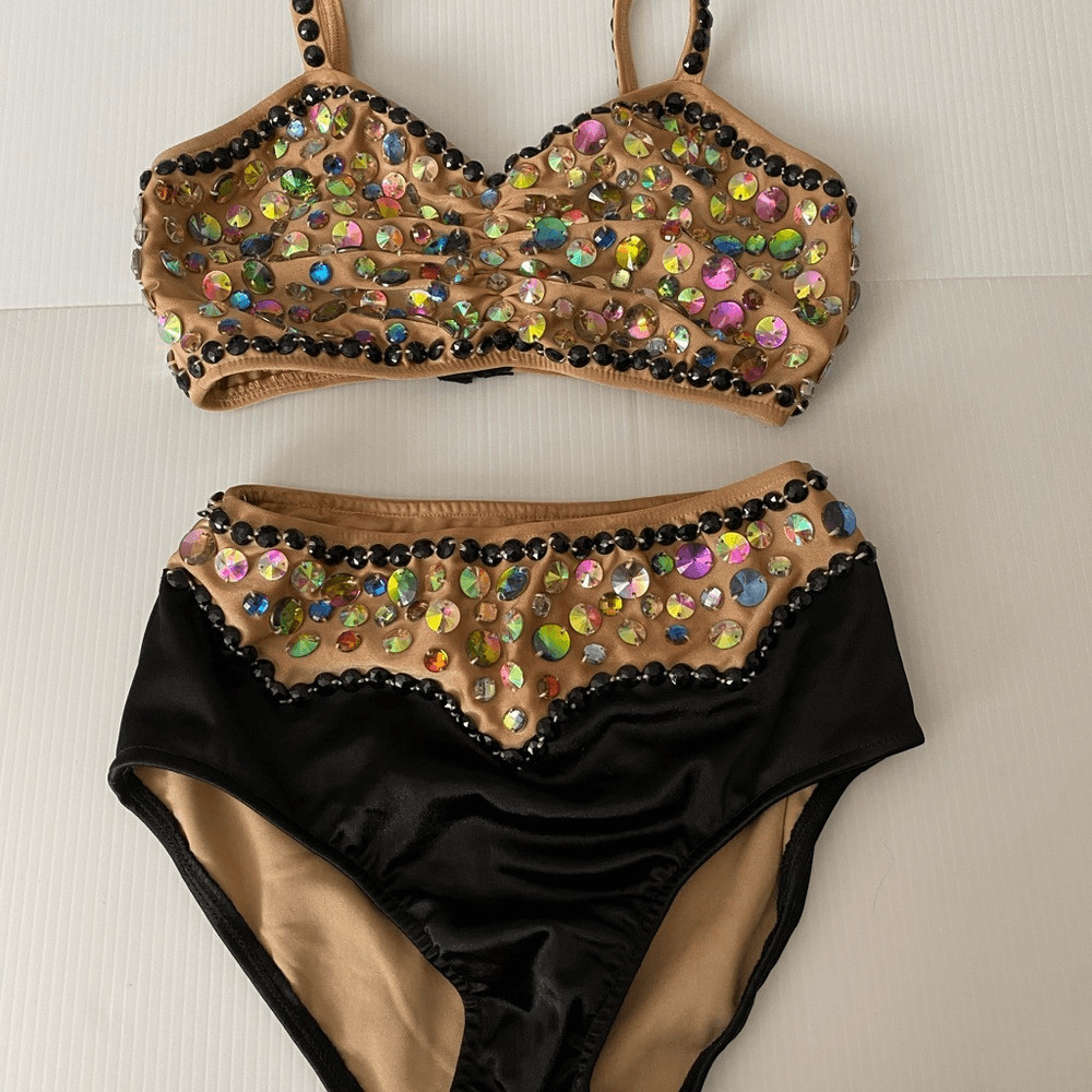 Glamour gold black solo 2 piece embellished Dance Costume Leotard XLC child