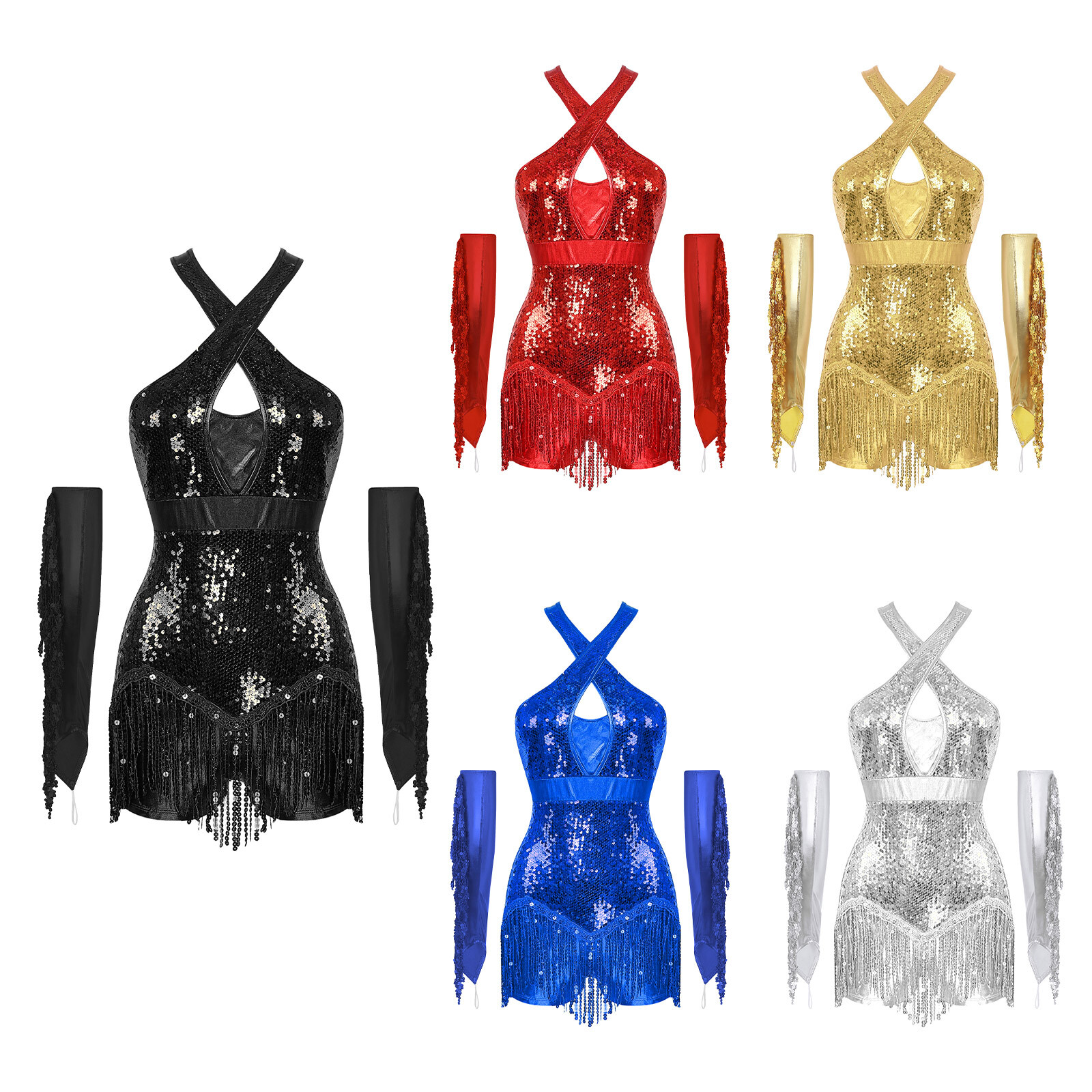 Womens Bodysuit Gloves Outfit Tango Leotard Glittery Cha-Cha Dancewear Latin