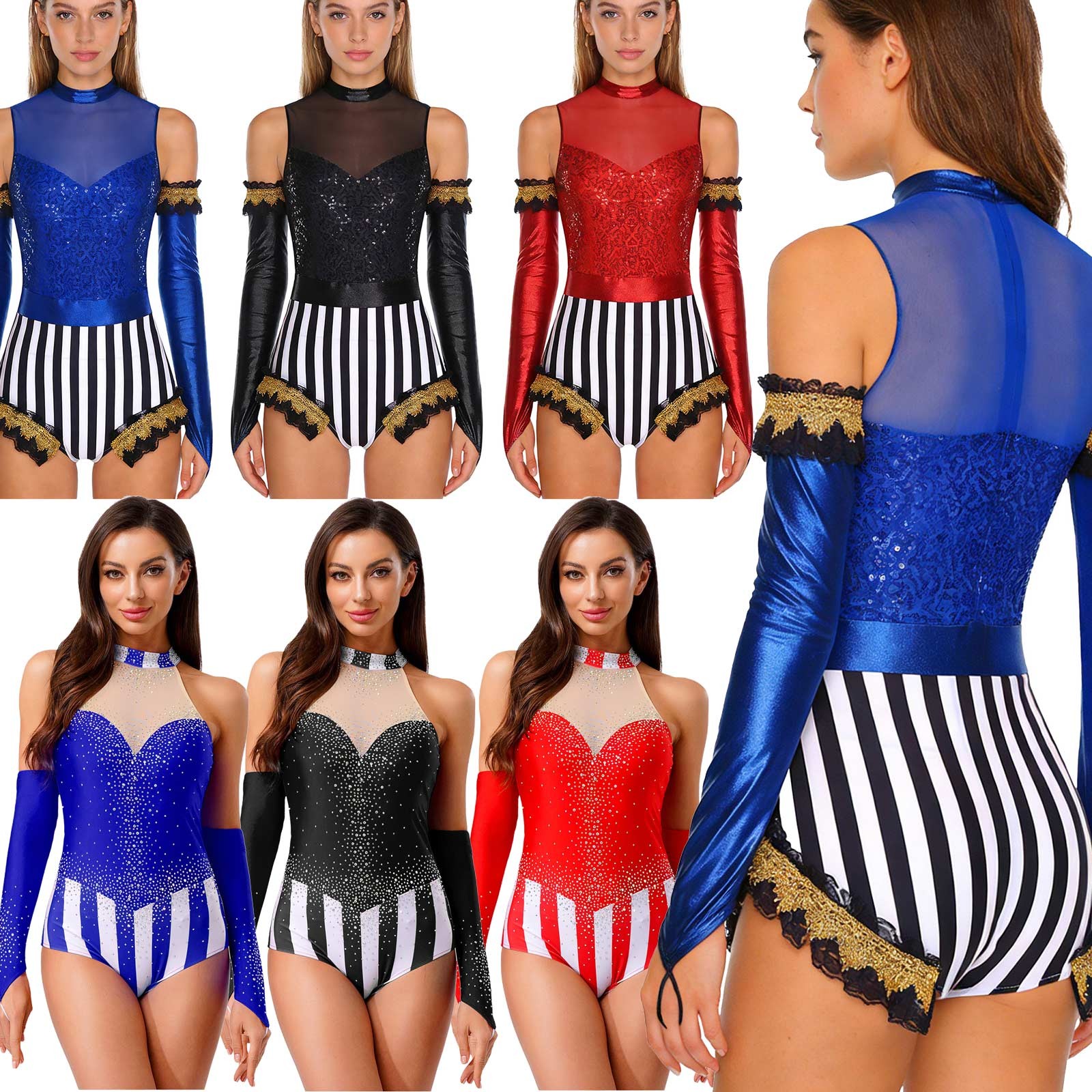 Womens Circus Ringmaster Costume Magician Clowns Jumpsuit Sequins Costume Set