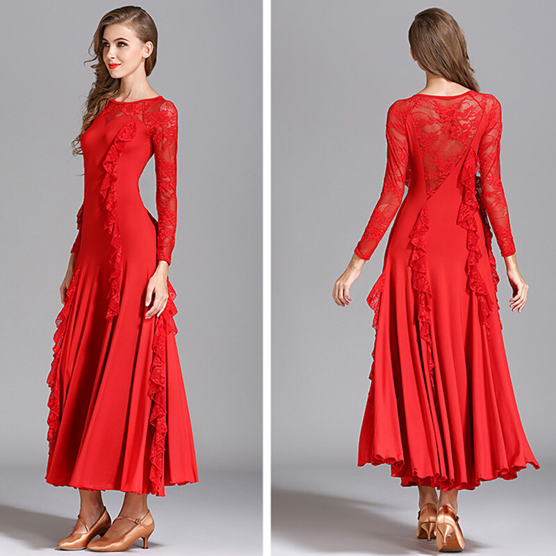 Women Long Sleeve Swing Dance Dress Modern Waltz Professional Ballroom Dancewear