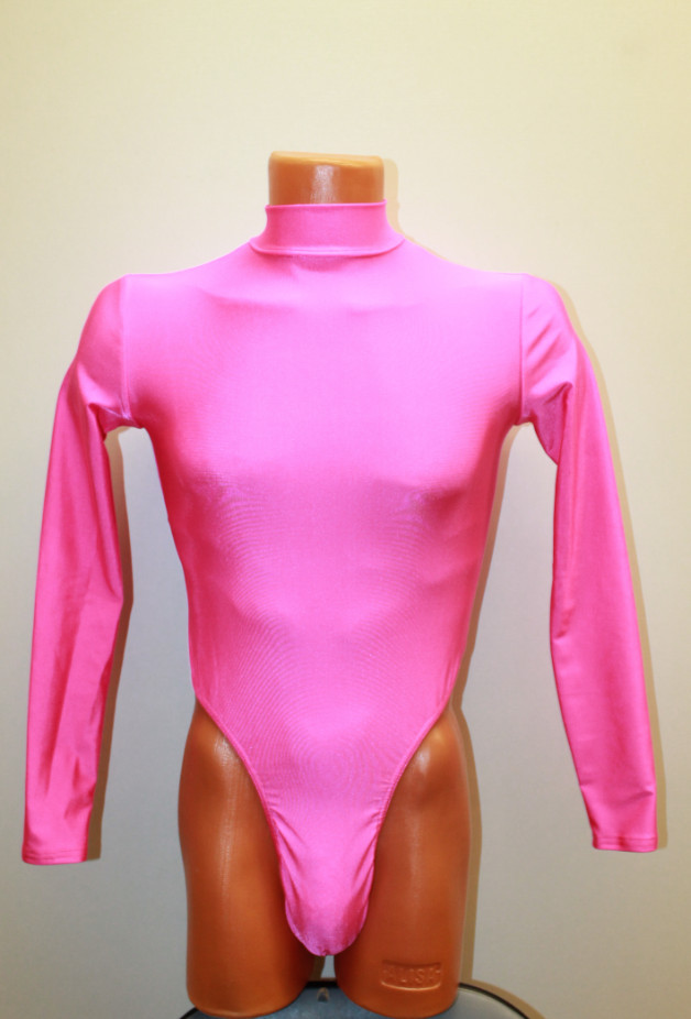 Men Thong Leotard 159-03 Long Sleeve High Collar Hot Pink Spandex Size M