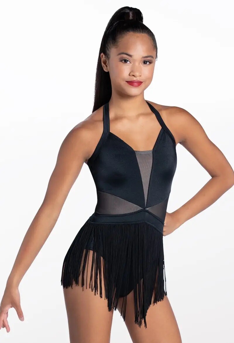 Weissman Balera dance costume black LUSTRE FRINGE HALTER DRESS D11359 MA (A11)