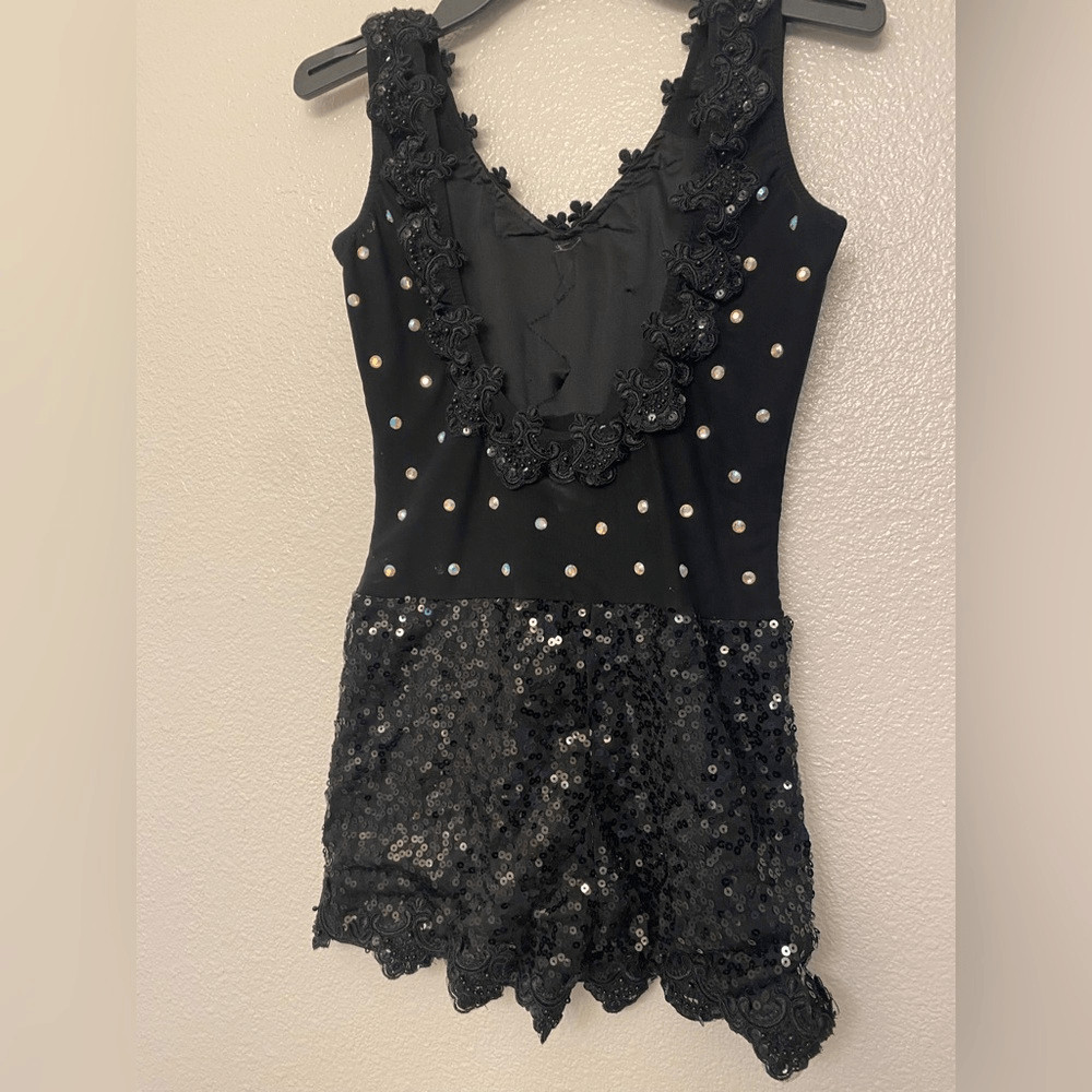 Glamour solo dance costume black mesh biketard bling bedazzled MA adult
