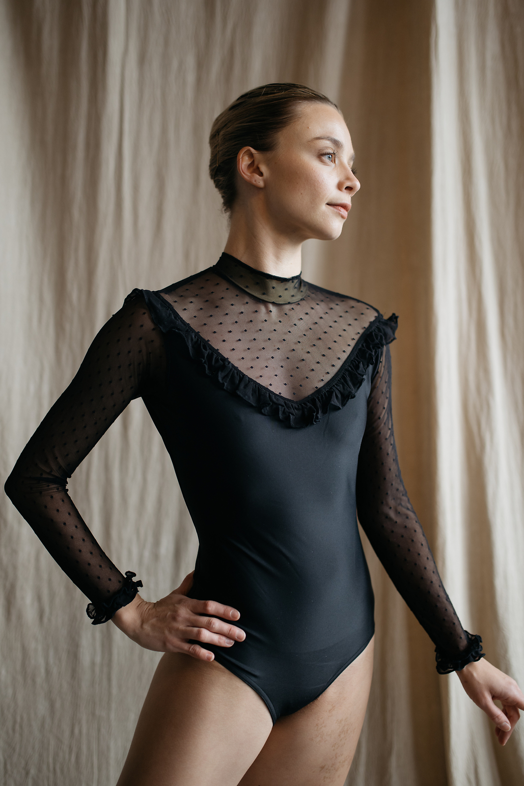 Lydia Leotard – Ruffle Long Sleeves Leotard with Polka Dot Mesh