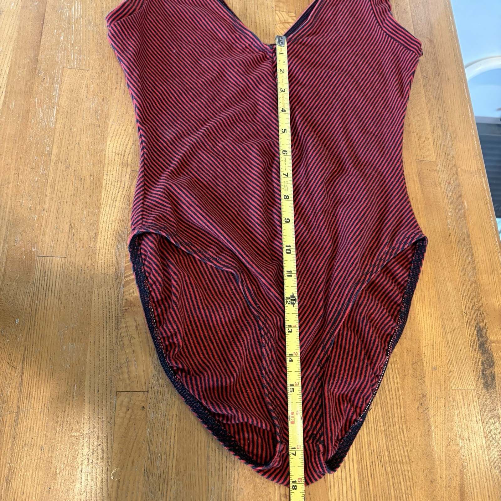 Cathy George Designs CA Leotard Med Red Navy Stripe V-Neck Sleeveless Stretch
