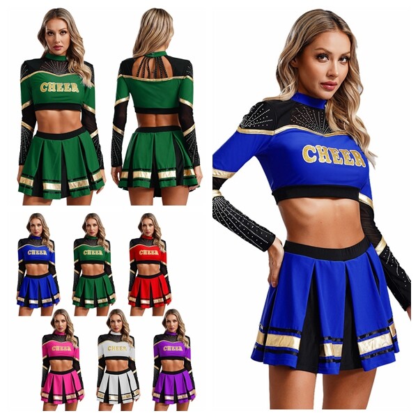 2Pcs Women Cheer Leader Costume Cheerleading Outfit Crop Tops w/Pleated Skirt