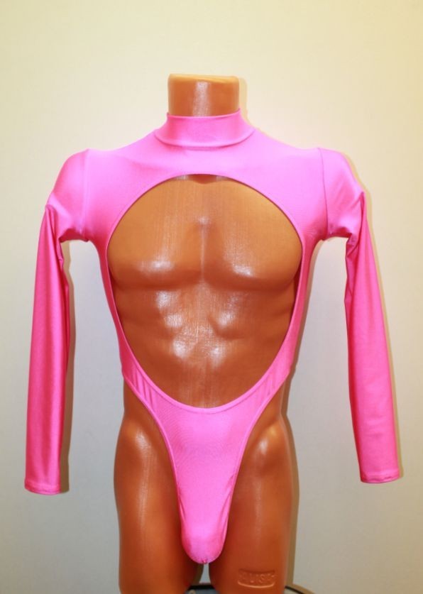 Men Thong Leotard 159-06 Long Sleeves High Collar Open Front Pimk Spandex Size M