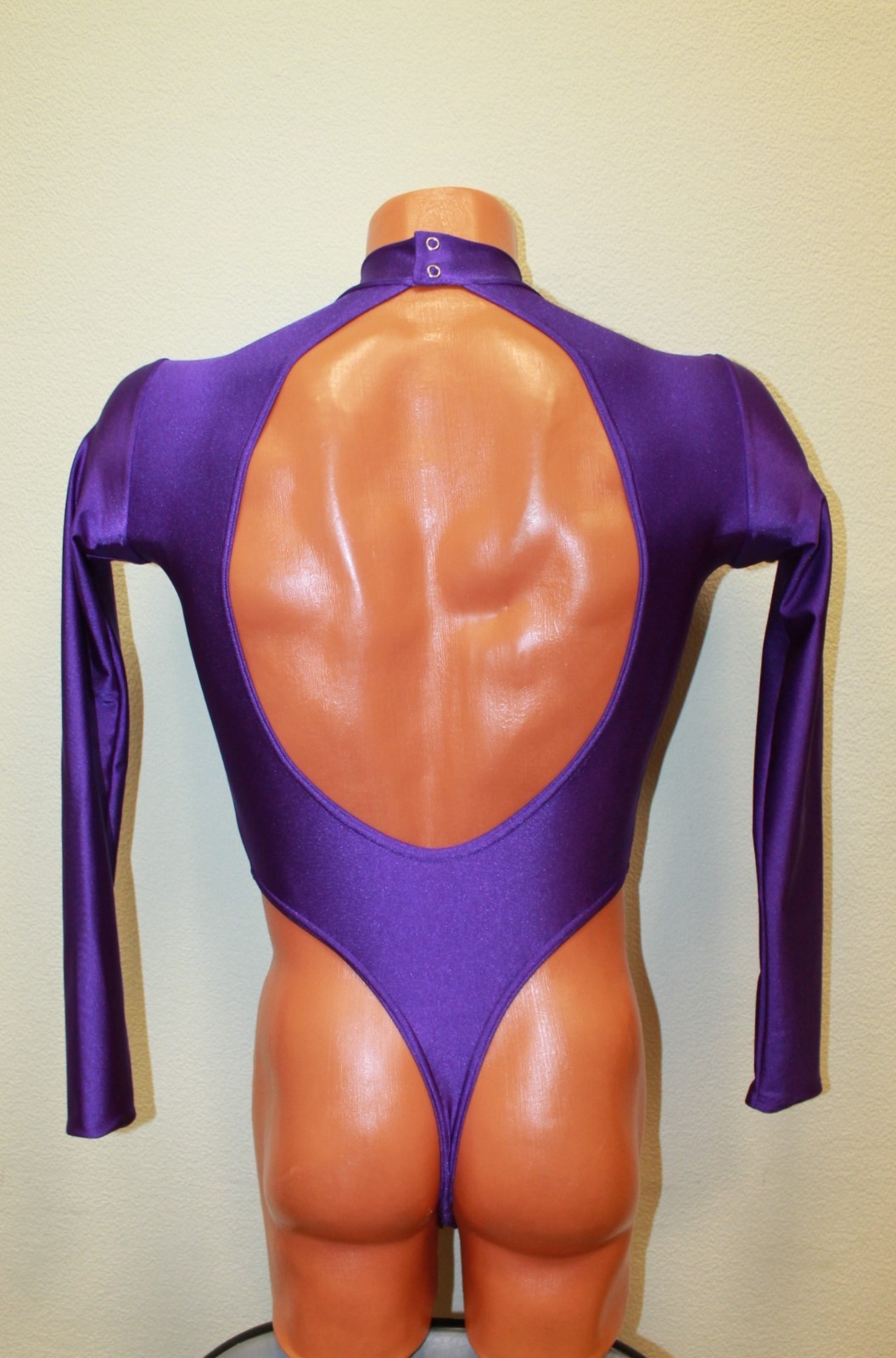 Men Thong Leotard 159-09 High Collar Open Front Open Back Purple Spandex Size L