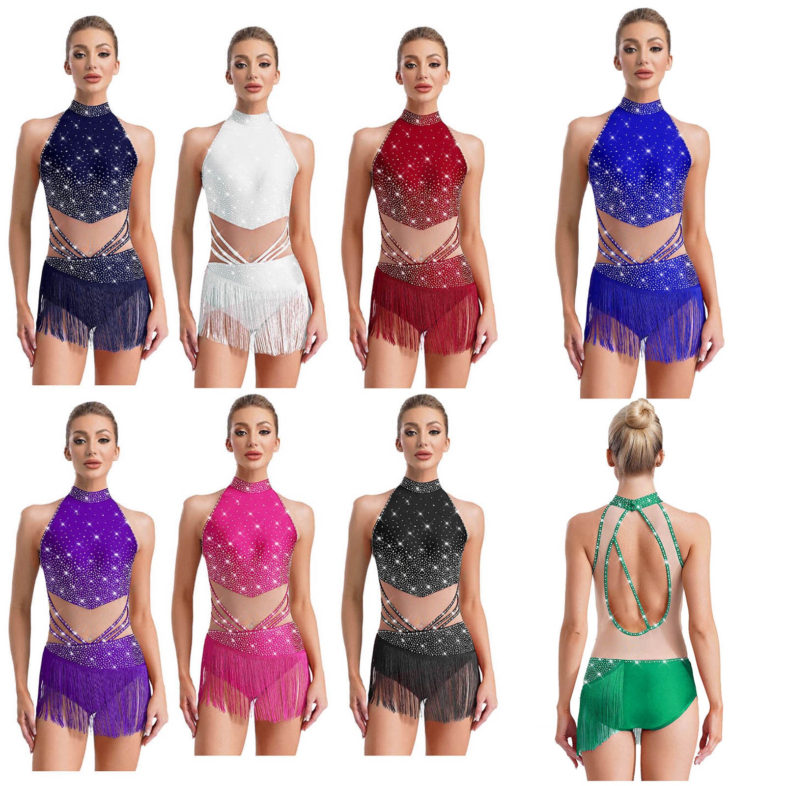 US Womens Shiny Rhinestone Mesh Bodysuit Modern Jazz Ballroom Latin Dance Dress