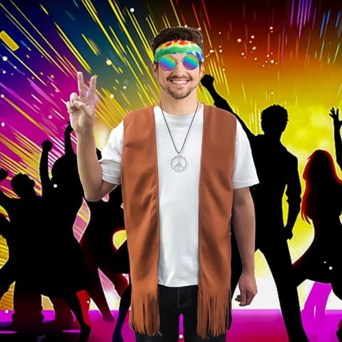 Hippie Costume for Men 60s 70s Fringe Vest Carnival Party Tassel Medium Brown