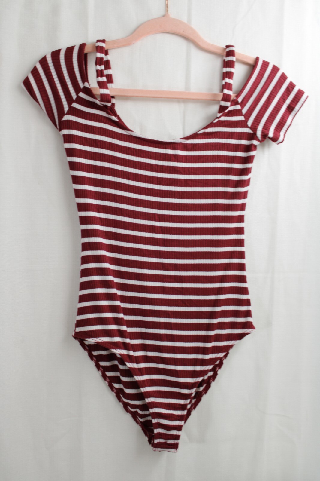 Women’s Red White Short Sleeve Polyester ribbed S Sweater Snap Leotard