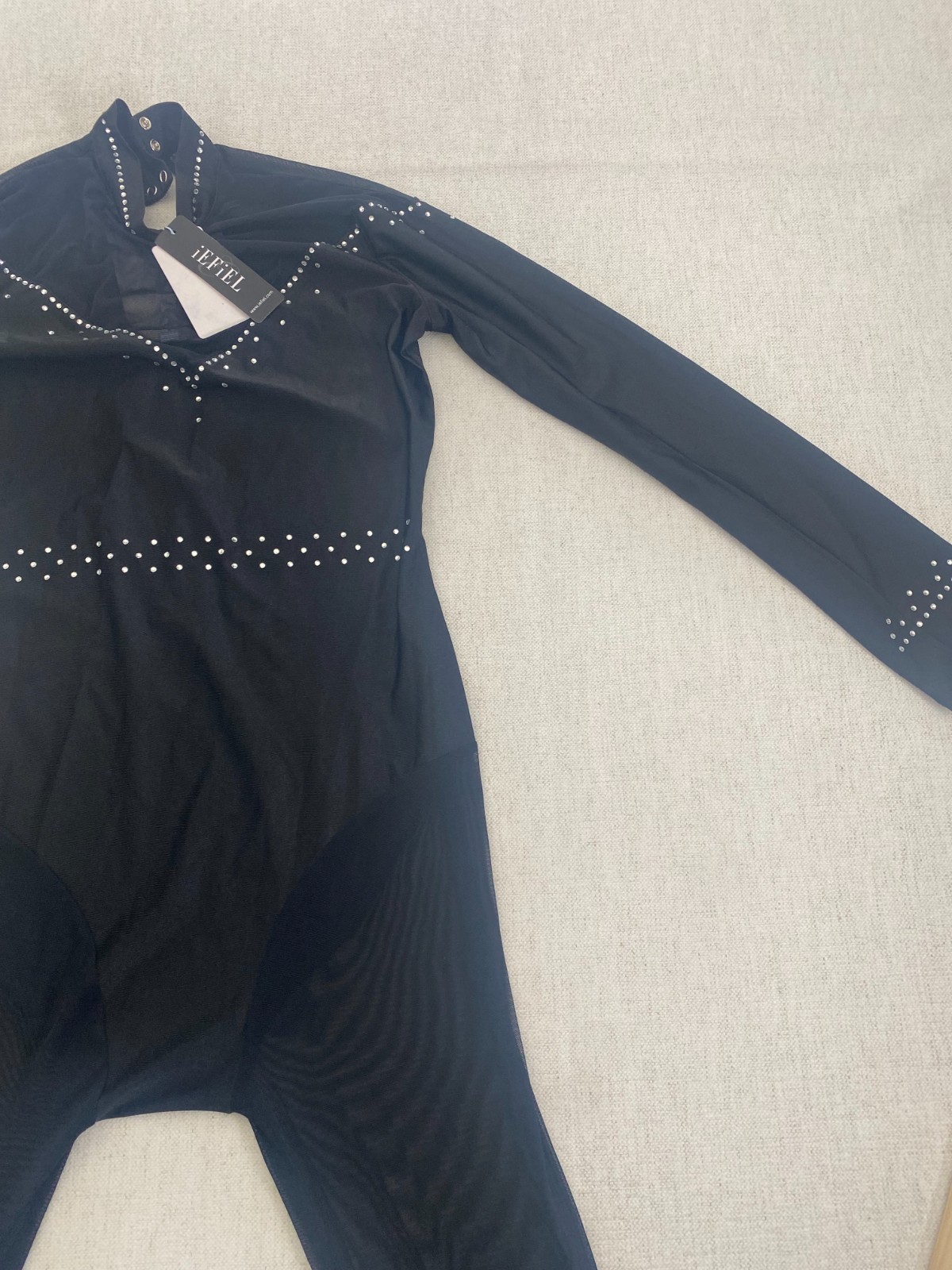 iEFiEL Leotard Catsuit Womens Size M Black Rhinestone Long Sleeve High Neck NWT