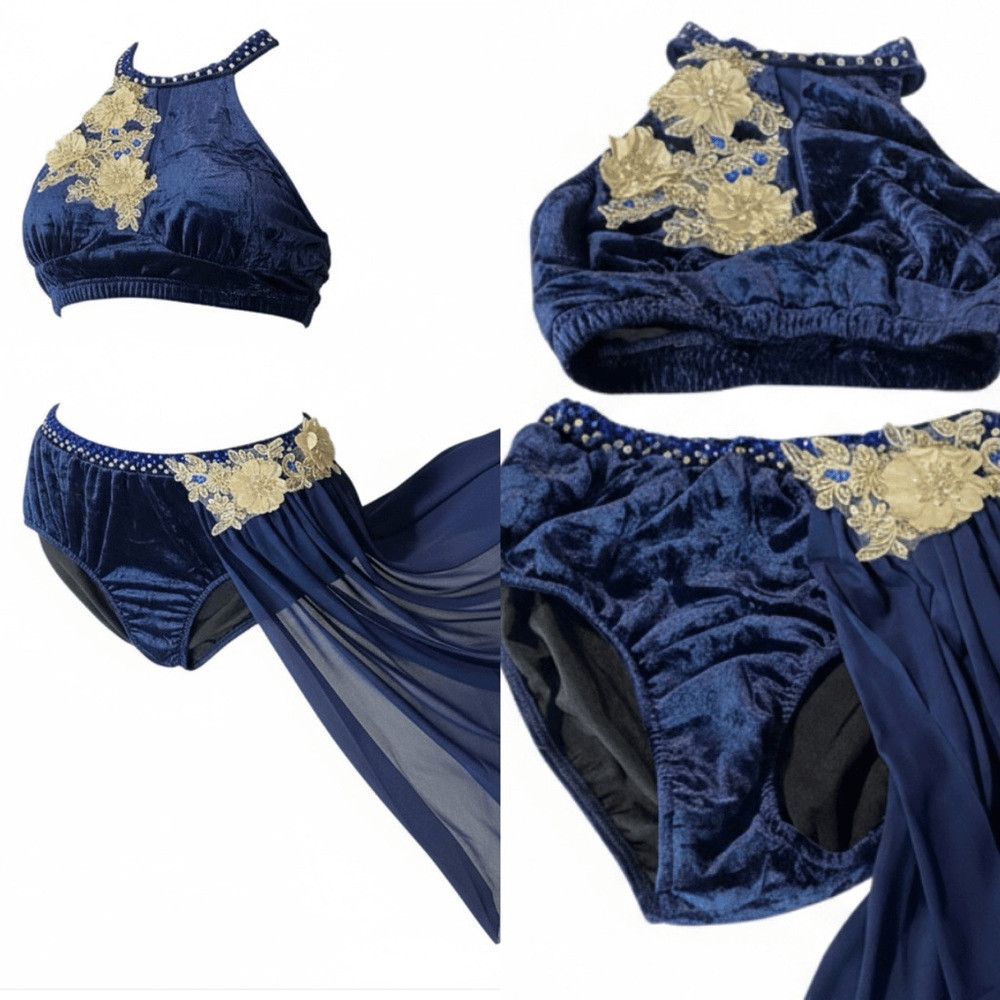 Glamour solo dance costume blue velvet embellishe leotard dress 2 piece MA adult