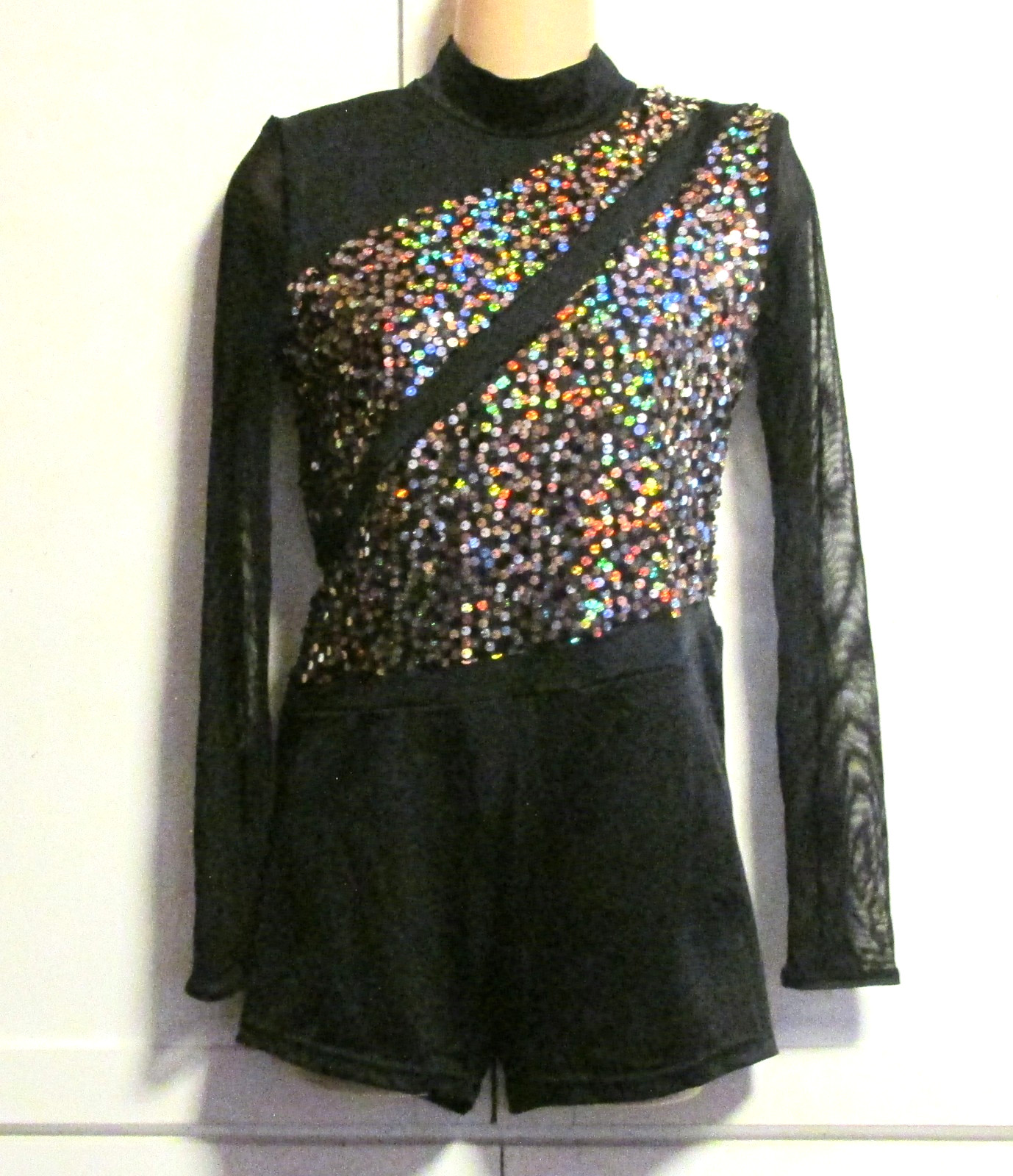 Weissman Black Long Sleeve Multicolor Sequin Leotard w/Legs / Romper- Women’s LA