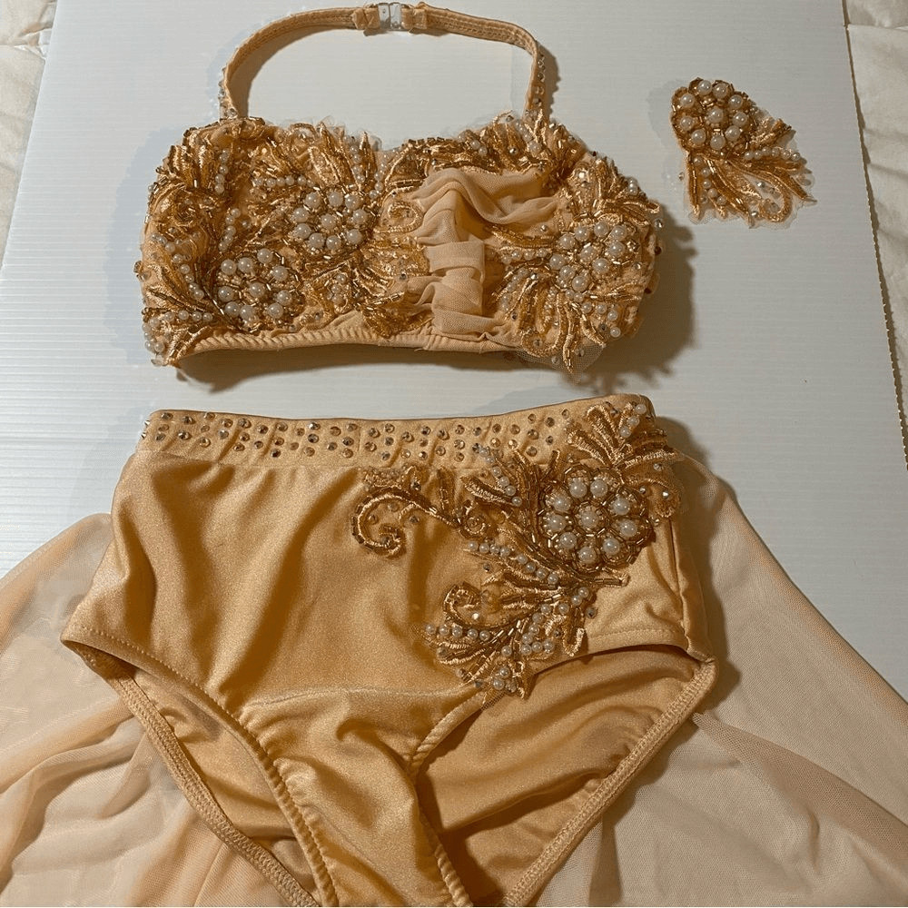 Glamour Dance Costume peach Champagne 2 Piece Pearl Lyrical Contemporary XLC SA