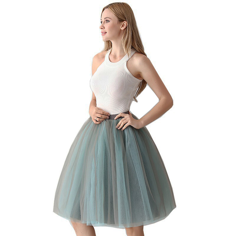 Women Dance Skirt Tutu Pleated Mesh Tulle Midi Knee Length 7 Layers Party