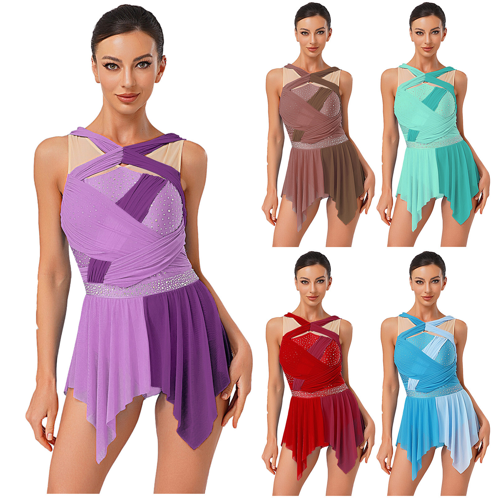 US Womens Costume Ruched Dancewear Mesh Dress Color Block Lyrical Hem Rhinestone