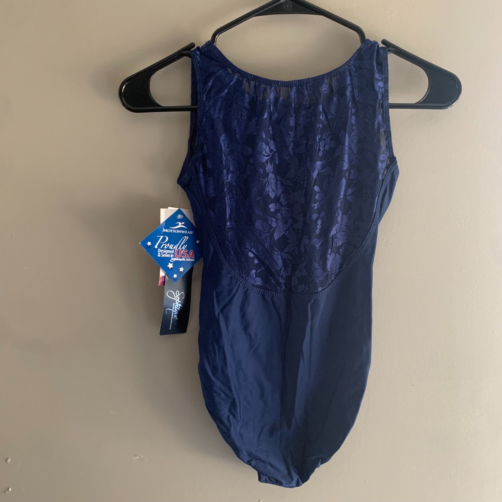 Motionwear sophique leotard- lace top- adult small- navy blue