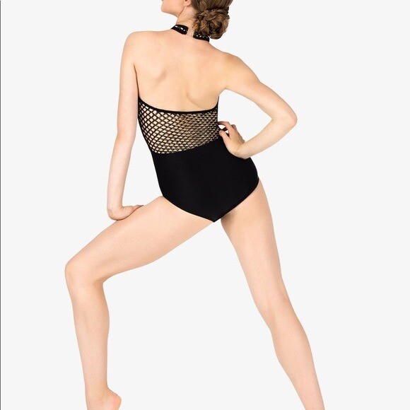 Double Platinum Black Leotard Gold Metallic Mesh Mock Neck Tank Lg NEW NWT